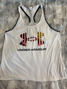 Under Armour White Racerback Tank with Colorful Patterned Logo